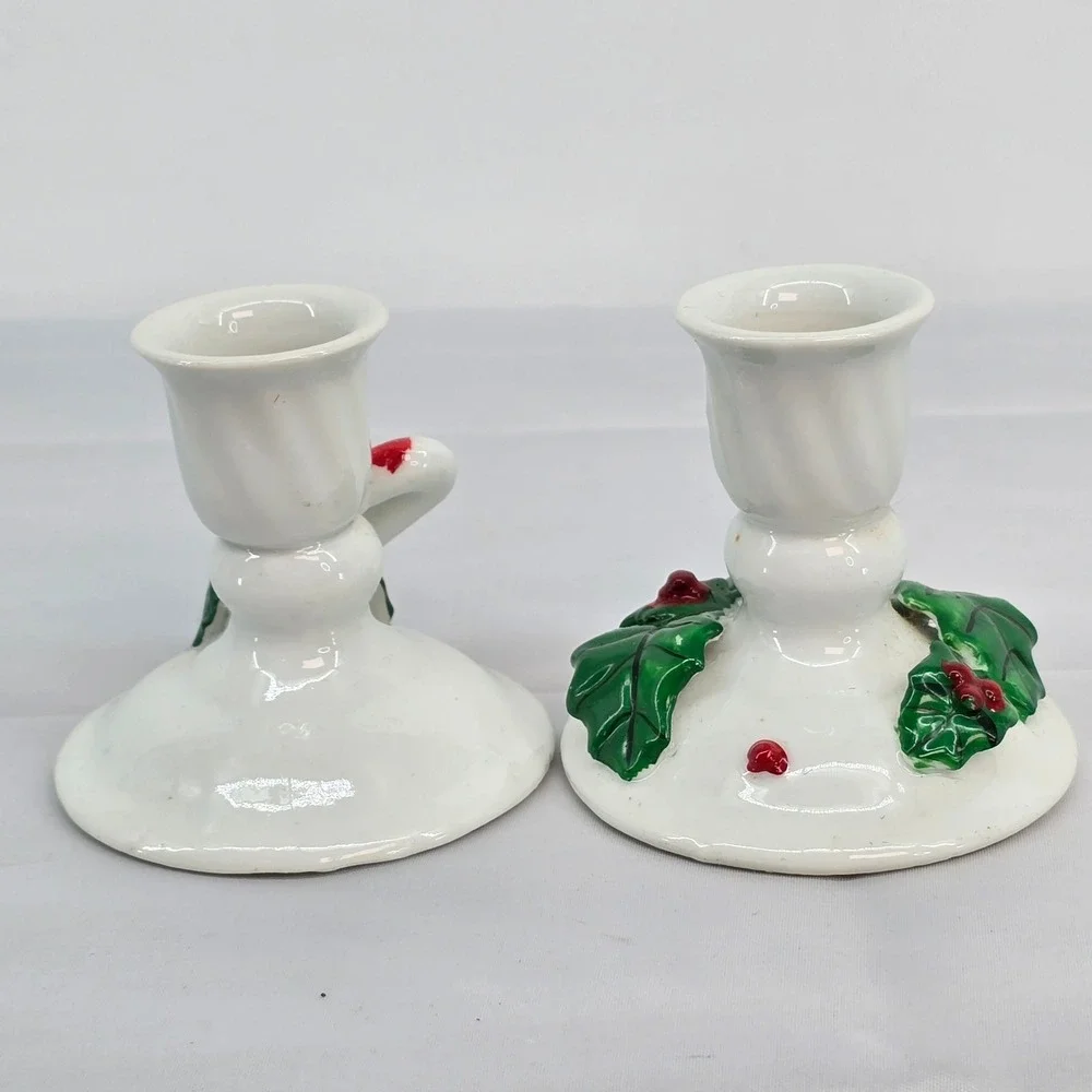 Vintage Christmas Ceramic Candle Holders Pair Holly Berry Candy Cane White 3in